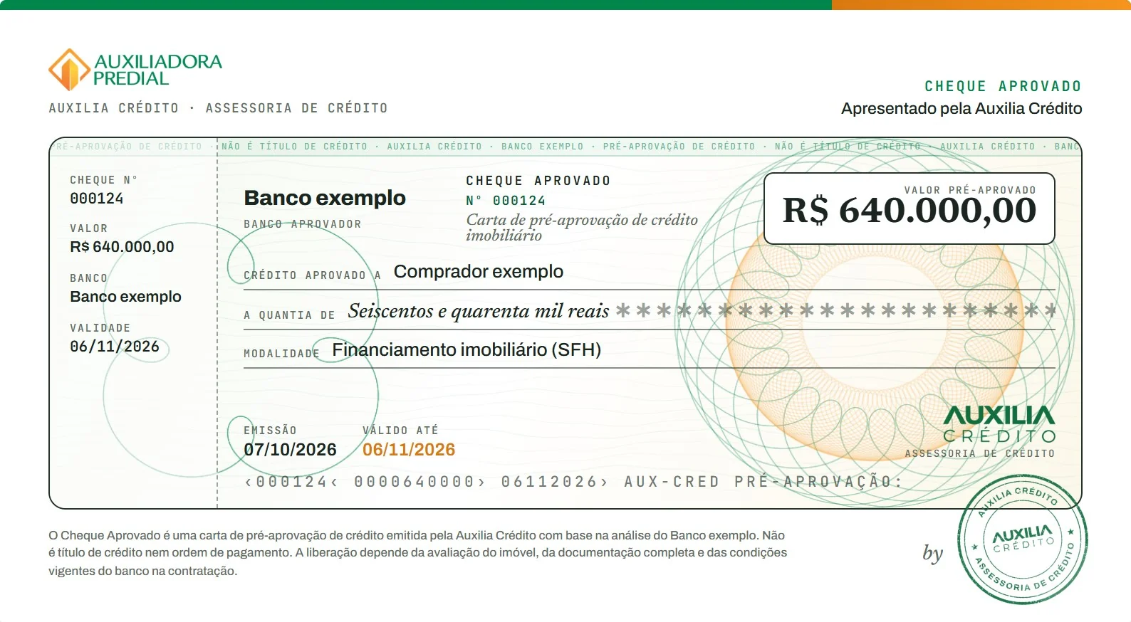 Exemplo ilustrativo de Cheque Pré-Aprovado: banco, valor pré-aprovado e validade